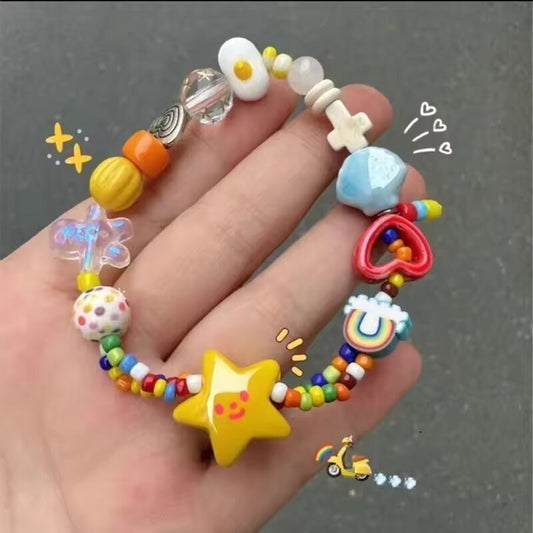 Women Summer Dopamine Sweet Cool Rhinestone Stars Bracelets Cute Cartoon Black Cat Heart Beads Bracelet Fashion Jewelry Gifts