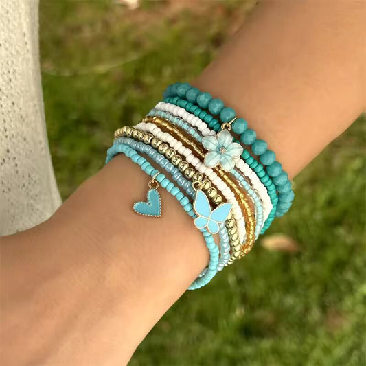 9pcs/set Bohemian Butterfly Flower Pendant Bracelet for Women Handmade Rice Beads Stacked Bracelet Summer Beach Party Jewelry