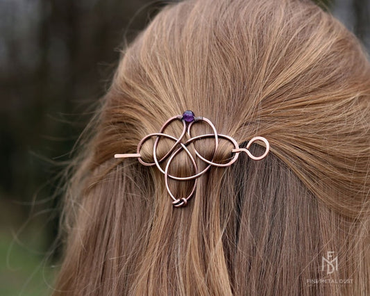 Celtic knot hair jewelry with genuine gemstone - Copper hair clips or barrettes - Shawl pins - Womens gift for her - Barrette with amethyst